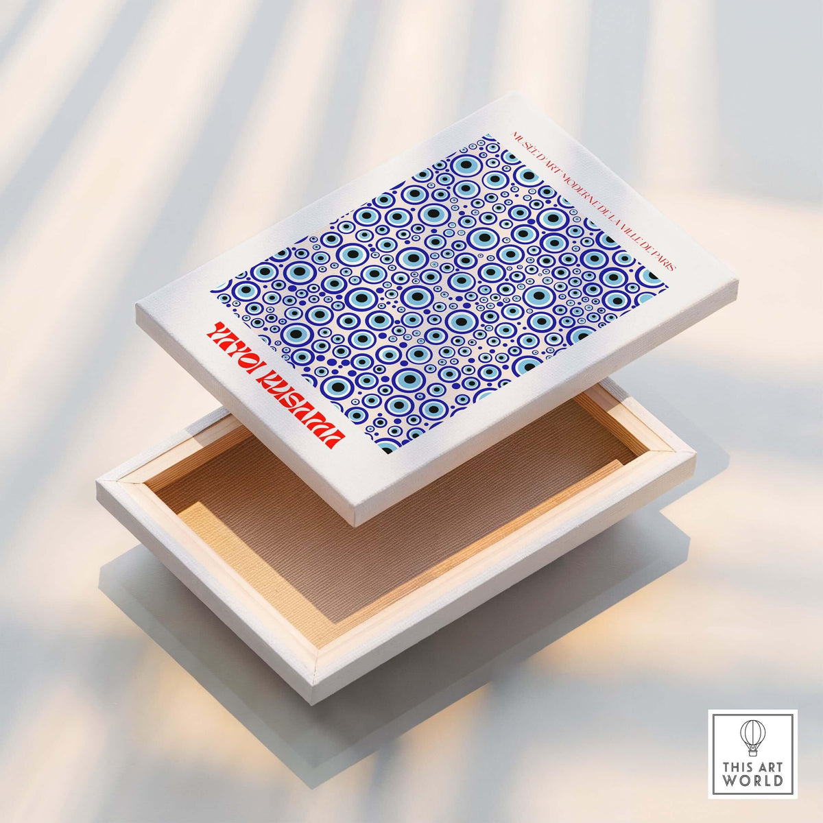 Yayoi Kusama Evil Eye Pattern Blue Contemporary Art Print Poster Paris Wall Decor displayed on a box.