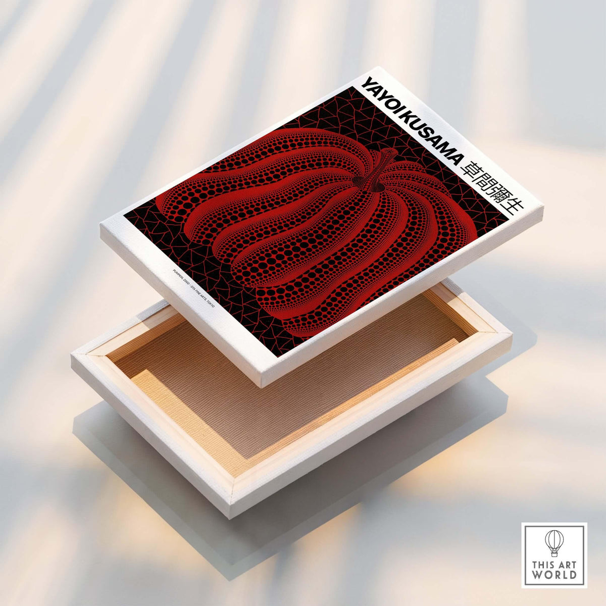 Yayoi Kusama Red Black Pumpkin 2000 Tokyo Exhibition Poster Polka Dot Art Print showcased in a stylish presentation box.