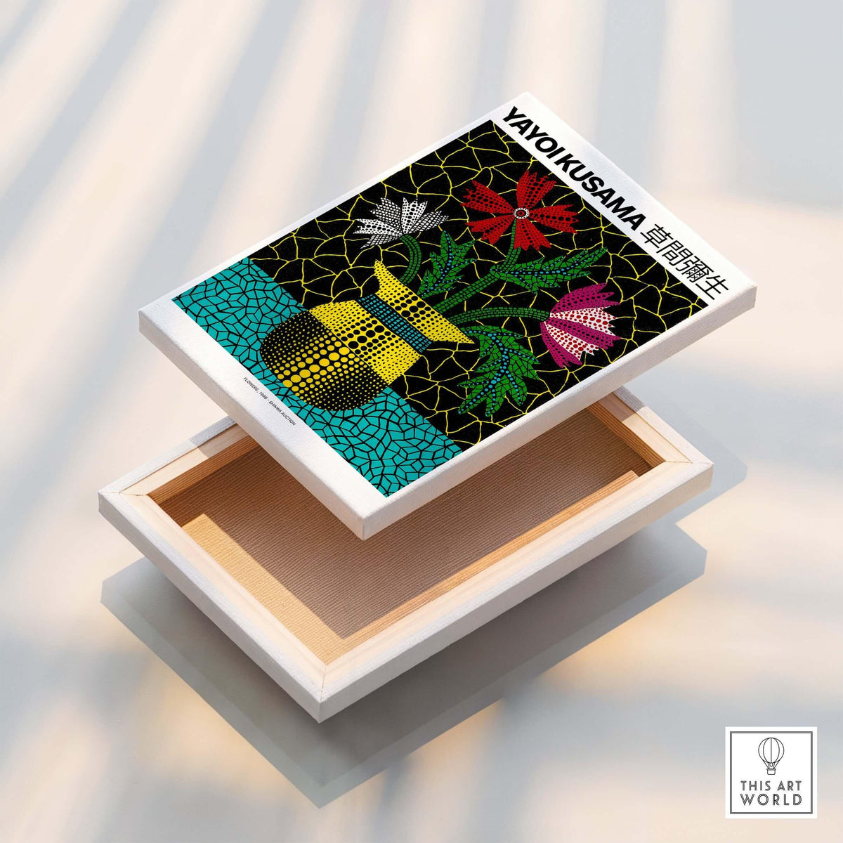 Yayoi Kusama Flowers Vase 1996 Polka Dot Art Print Contemporary Japanese Poster displayed in an open box