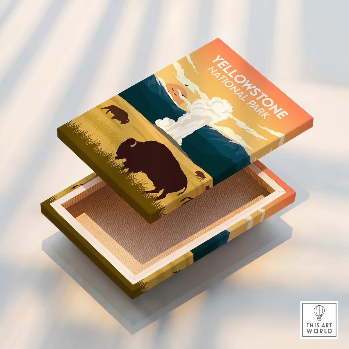 Yellowstone National Park art box with bison, geyser, and mountain illustration lid