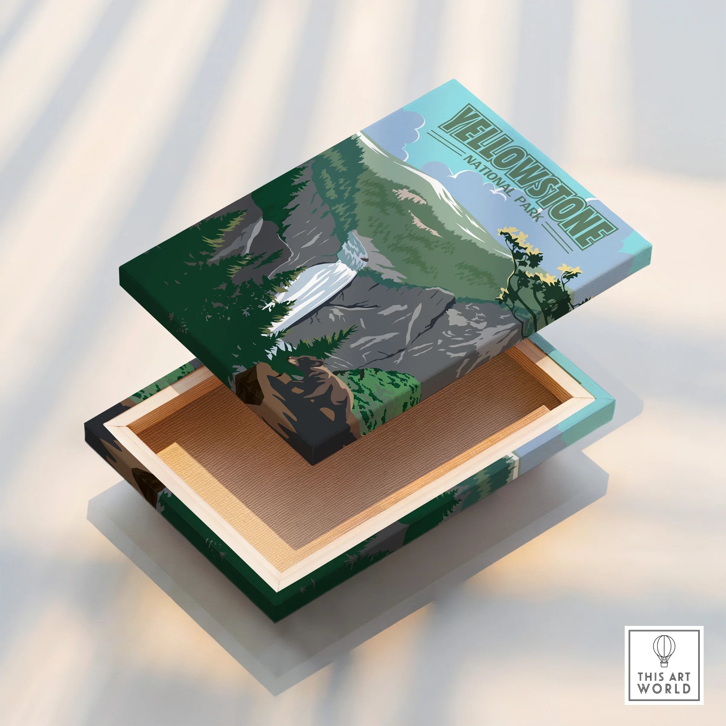 Yellowstone National Park wall art print with waterfall and mountains, floating canvas detail