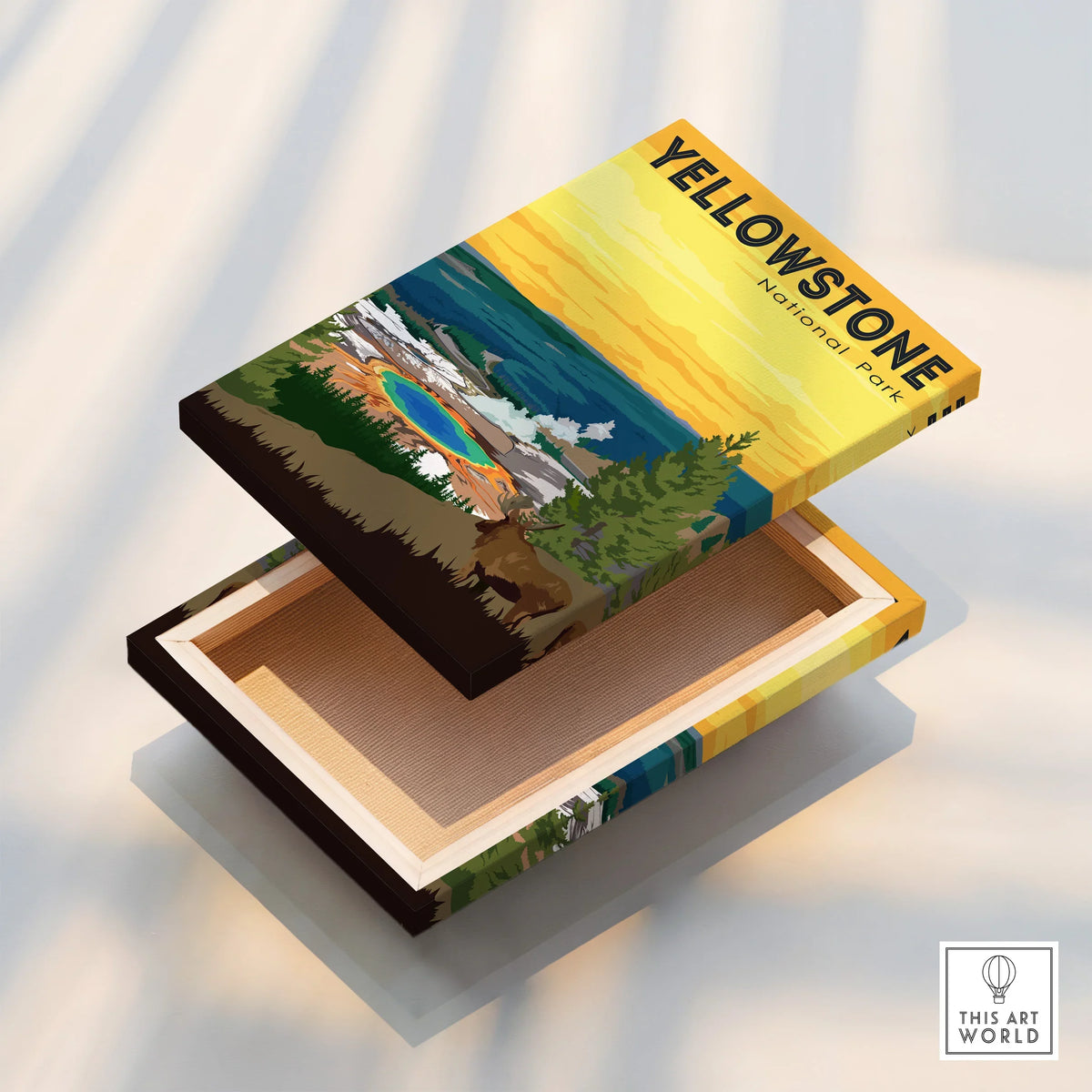 Yellowstone National Park print on floating canvas box, sunrise landscape wall art.