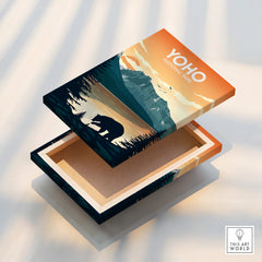 Yoho National Park wall art print with bear silhouette, mountain and sunset design on canvas.