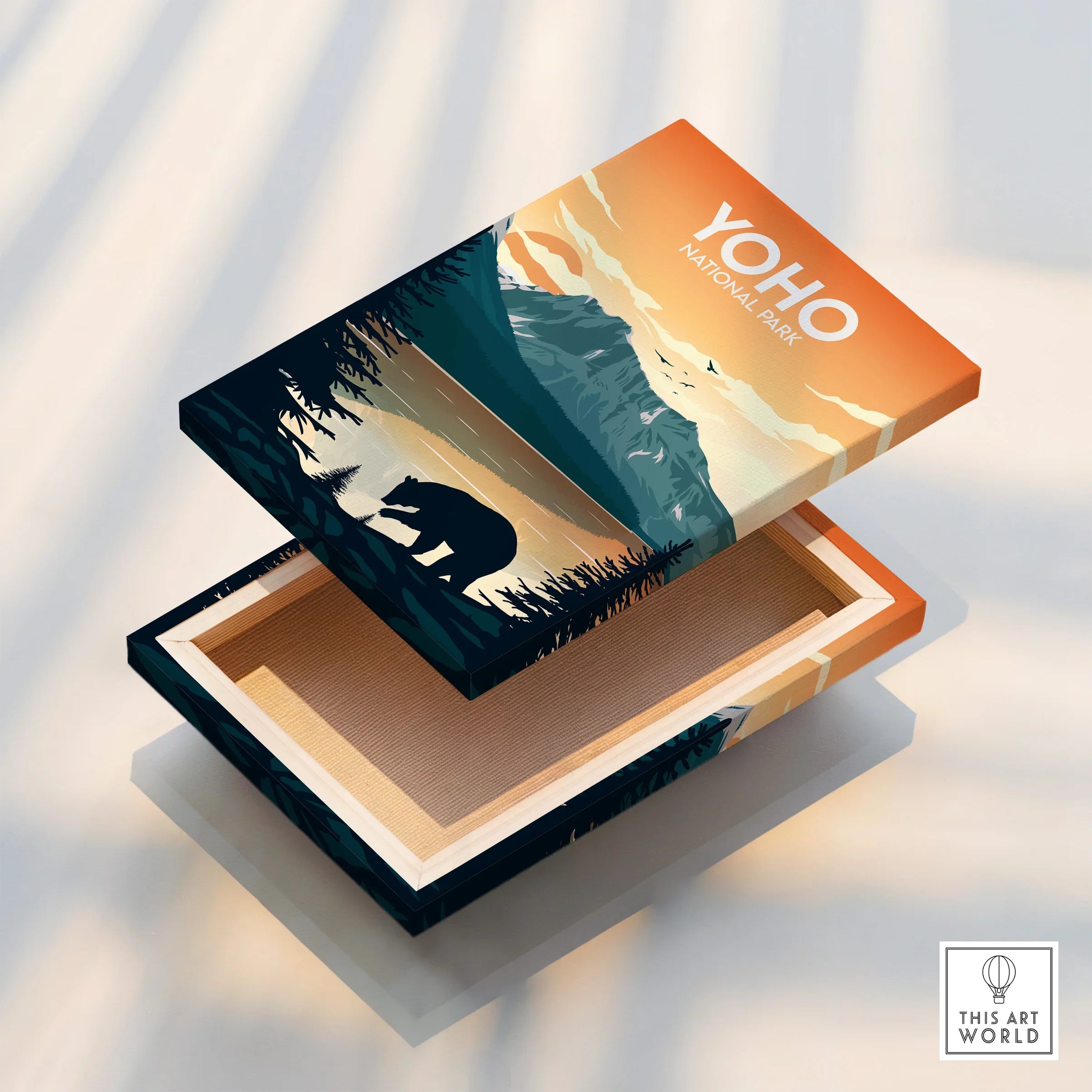 Yoho National Park wall art print with bear silhouette, mountain and sunset design on canvas.