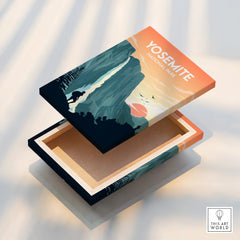 Yosemite National Park wall art print with hiker silhouette and sunset, canvas floating frame detail.