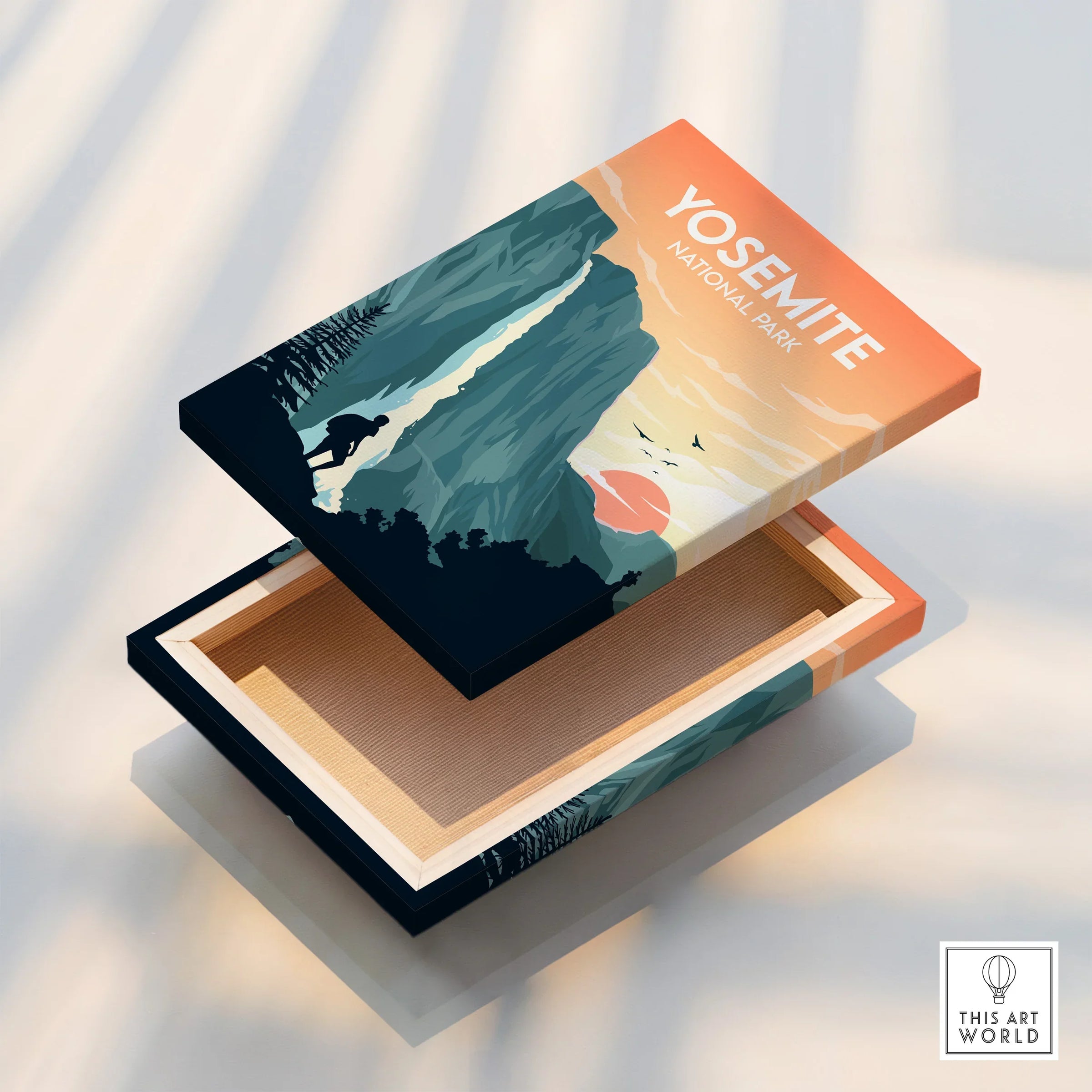 Yosemite National Park wall art print with hiker silhouette and sunset, canvas floating frame detail.