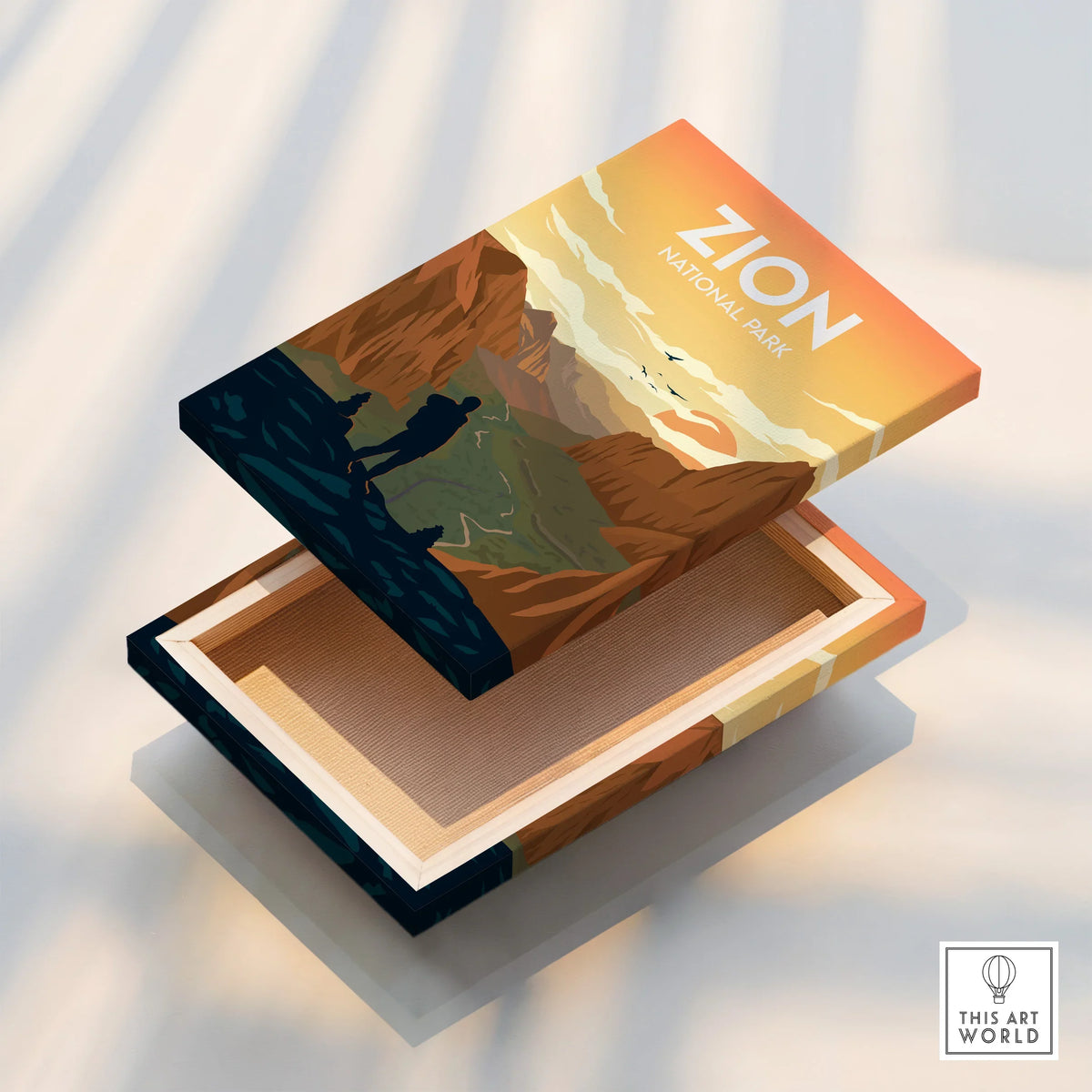 Zion National Park canvas print with mountain landscape and hiker artwork.
