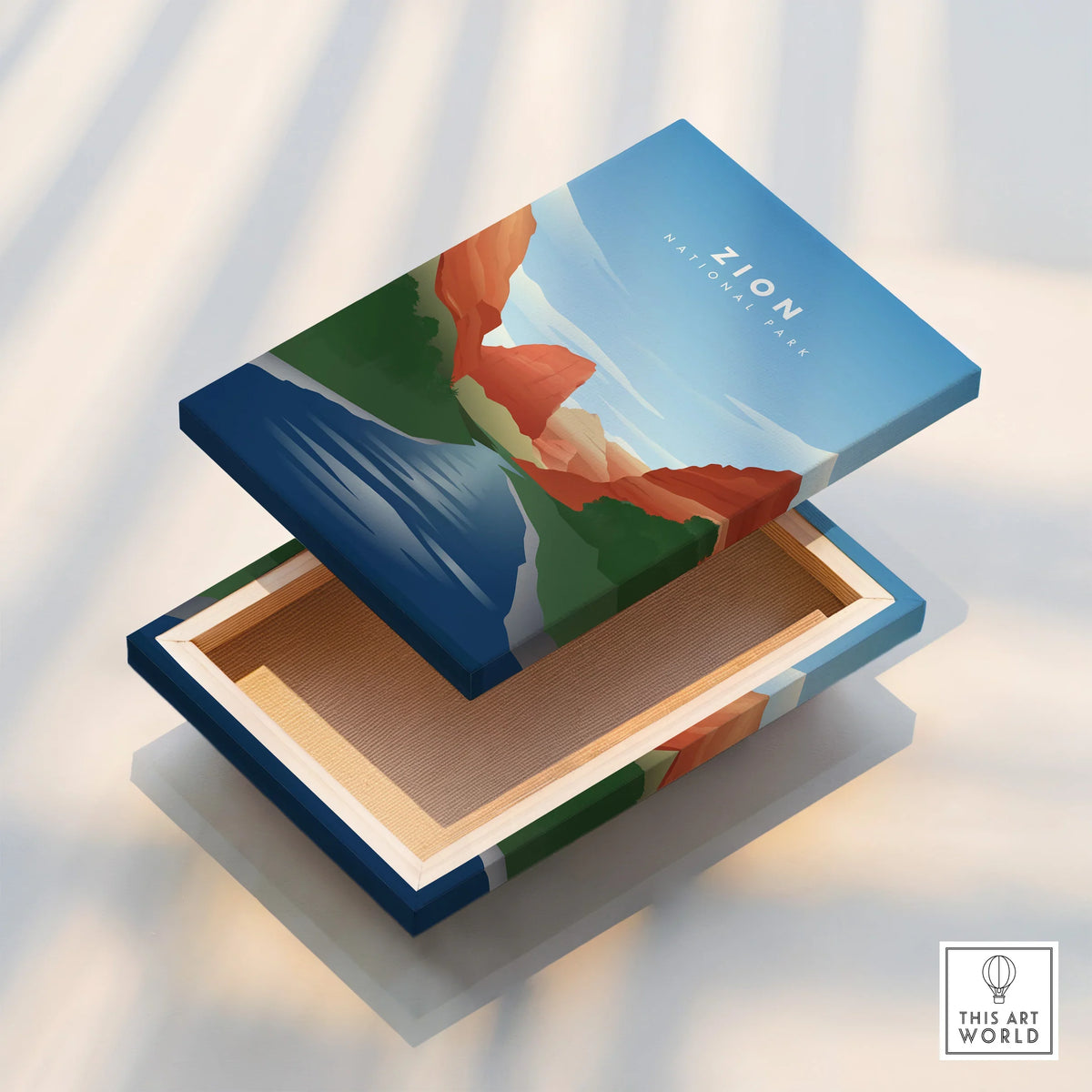 Zion National Park wall art canvas print showing red rock cliffs, blue sky, and river scene.
