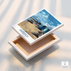 Abersoch Wales Beach Huts Art Print | Coastal Boats Wall Decor Poster with beach scene and open box design.