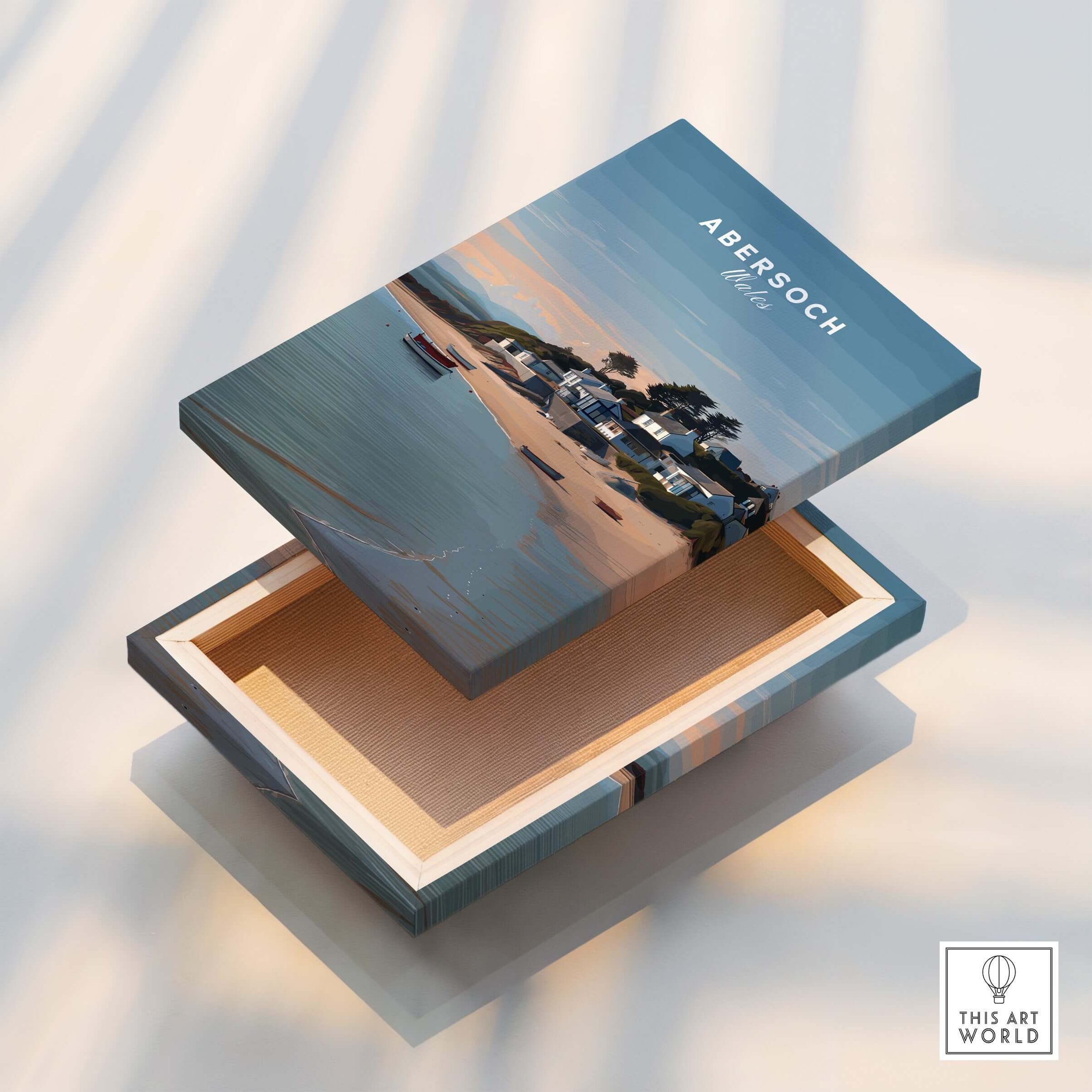 Abersoch Llyn Peninsula Shoreline View Canvas Print | Welsh Seaside Travel Poster open box showcasing beautiful artwork