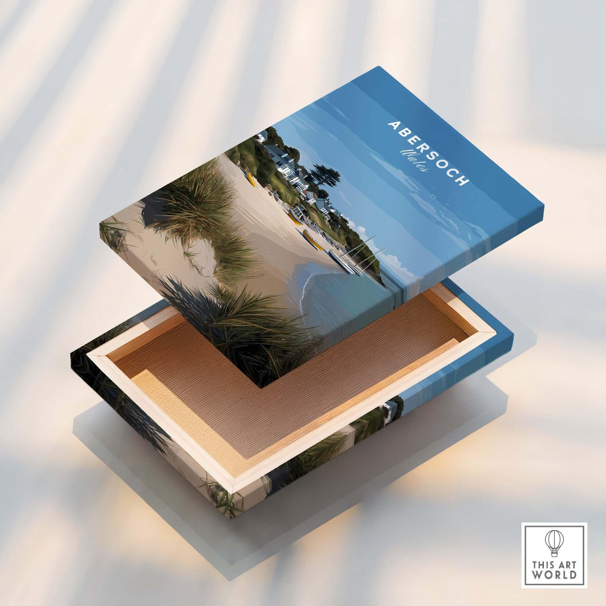Abersoch Llyn Peninsula Boating Scene Canvas Print | Welsh Seaside Home Decor, wooden box with beach landscape design.