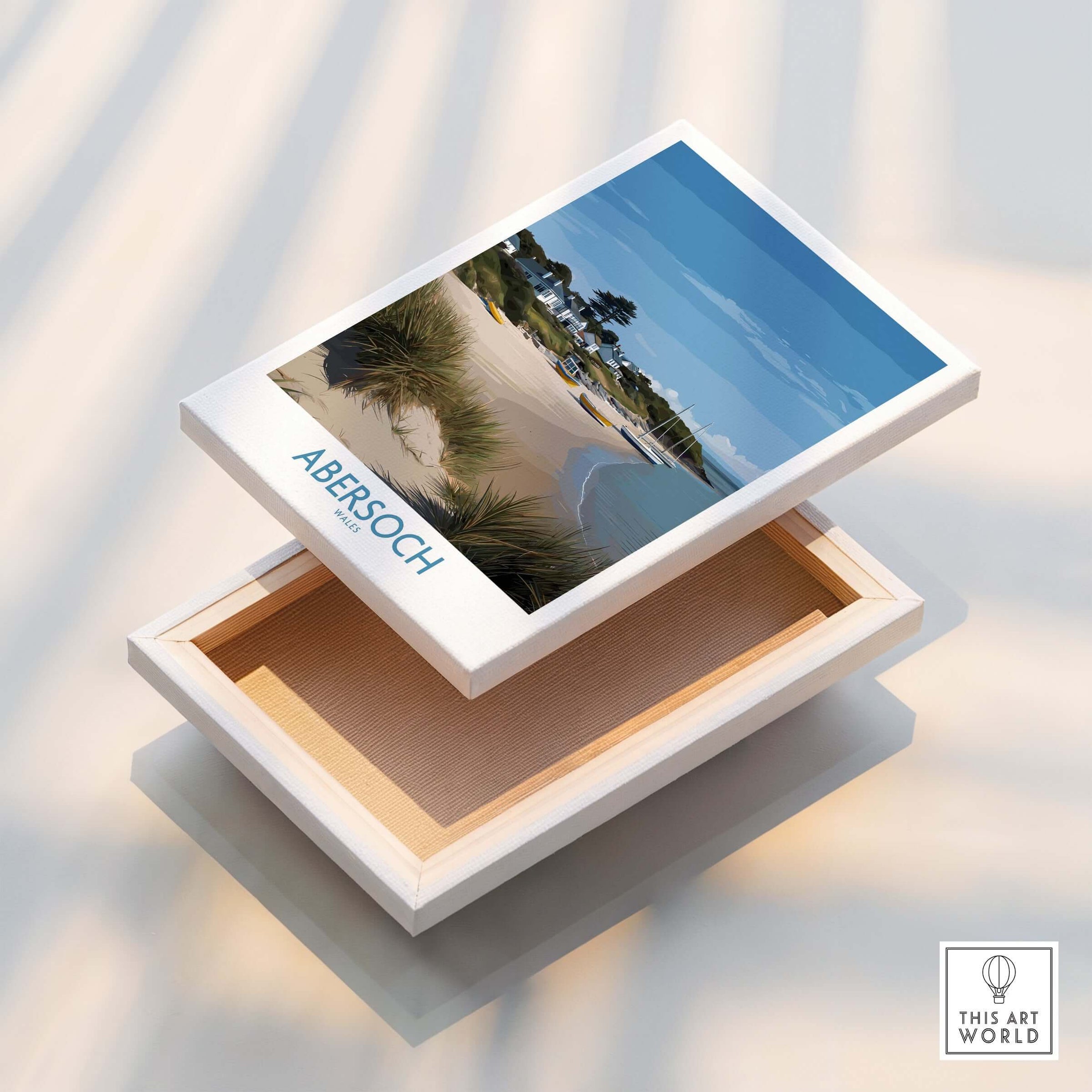 Abersoch Wales Sand Dunes Beach Art Print | Sailboats Coastal Wall Decor displayed on a box.