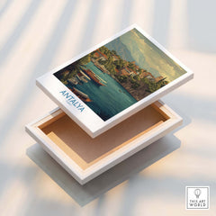 Antalya Turkey Harbour Cliff Art Print | Taurus Mountains View Poster displayed on a decorative box.