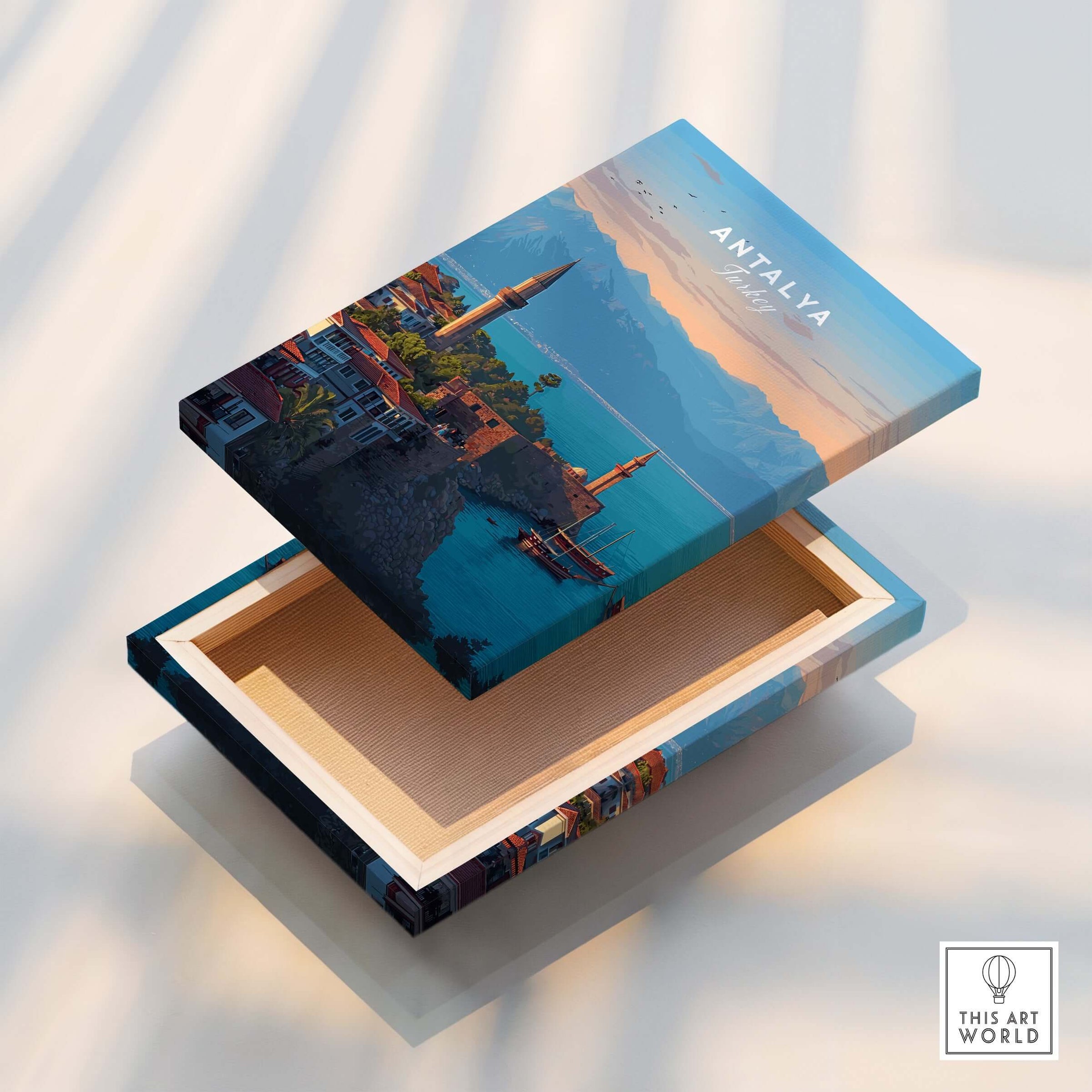 Antalya Canvas Print | Turkish Architecture Wall Decor displayed on a decorative box showcasing stunning coastal views.