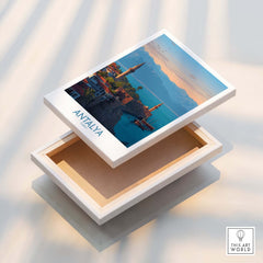 Antalya Turkey Art Print | Historic Coastal City Poster displayed on a white wooden box with a scenic coastal view.