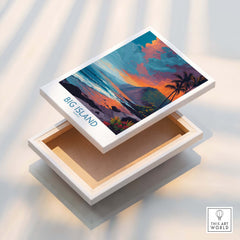 Big Island Hawaii Sunset Beach Art Print | Tropical Palm Tree Poster displayed on a wooden box.