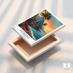 Big Island Hawaii Tropical Beach Art Print | Lush Green Coast Poster displayed on a wooden box.