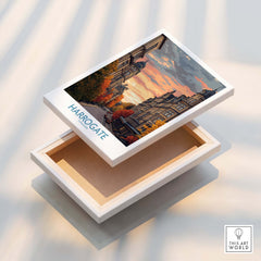 Harrogate Yorkshire Autumn Street Art Print | Sunset Avenue Poster displayed on an open box showcasing vibrant autumn colors.