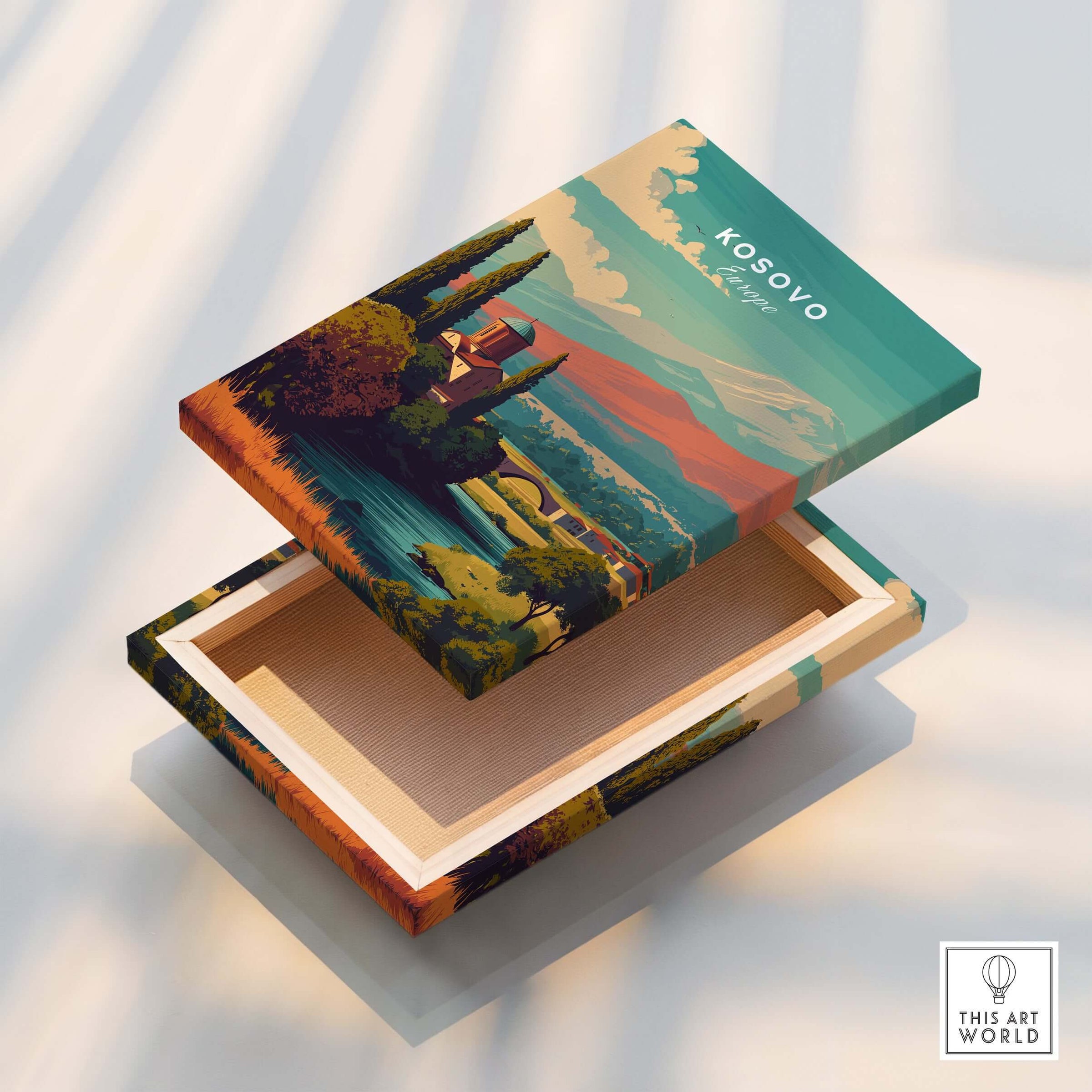 Kosovo Peja Canvas Print | European Travel Wall Art featuring a vibrant painted box showcasing Kosovo's scenic beauty.