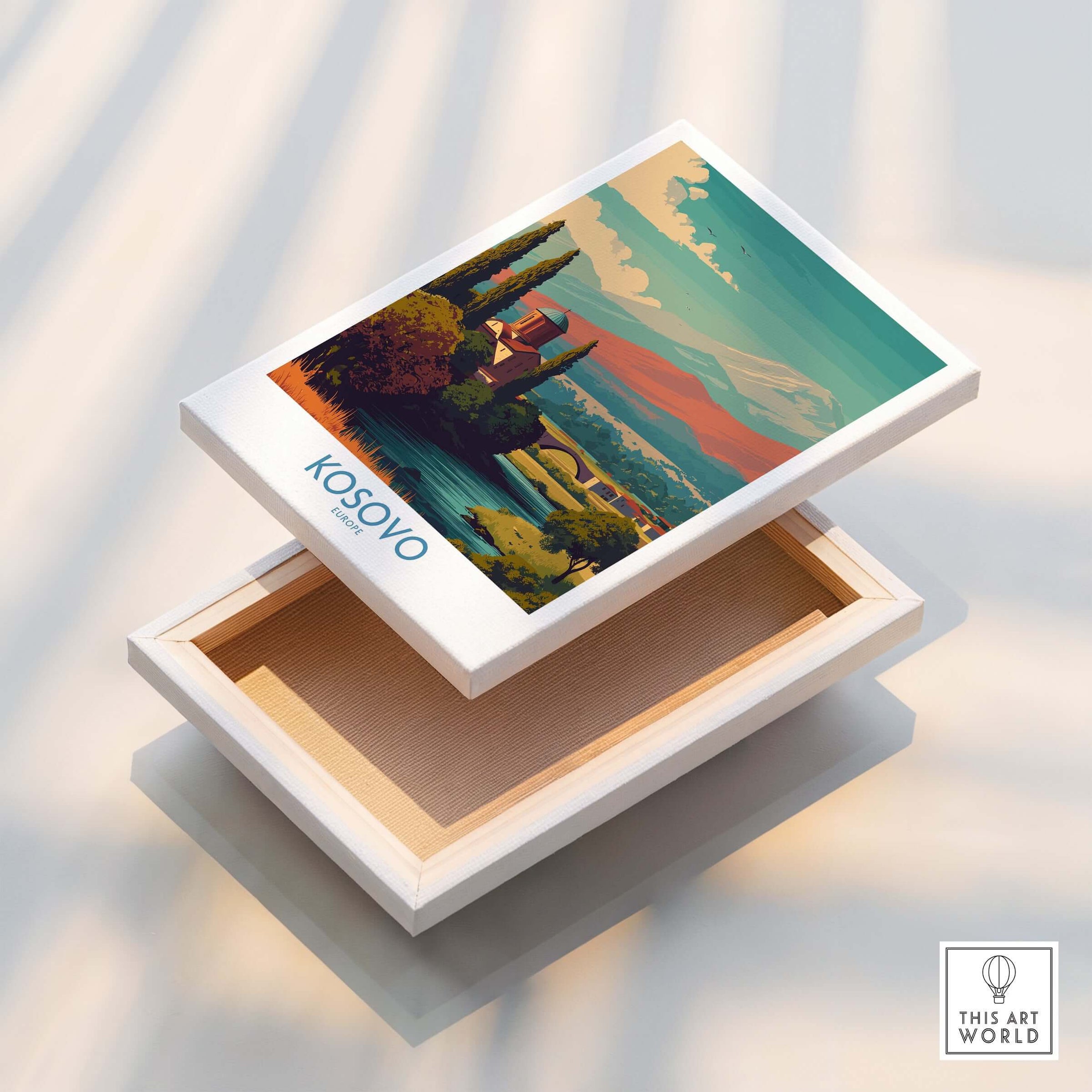 Kosovo Art Print | Snowy Mountain Balkan Poster displayed on a wooden box, showcasing vibrant alpine landscape art.