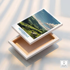 Nidderdale Art Print | Yorkshire Dales Sheep Poster displayed on a wooden box showcasing the Yorkshire landscape.