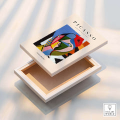 Picasso Geometric Face Abstract Art Print Colorful Cubist Portrait Poster Artwork Collection displayed on an art box.