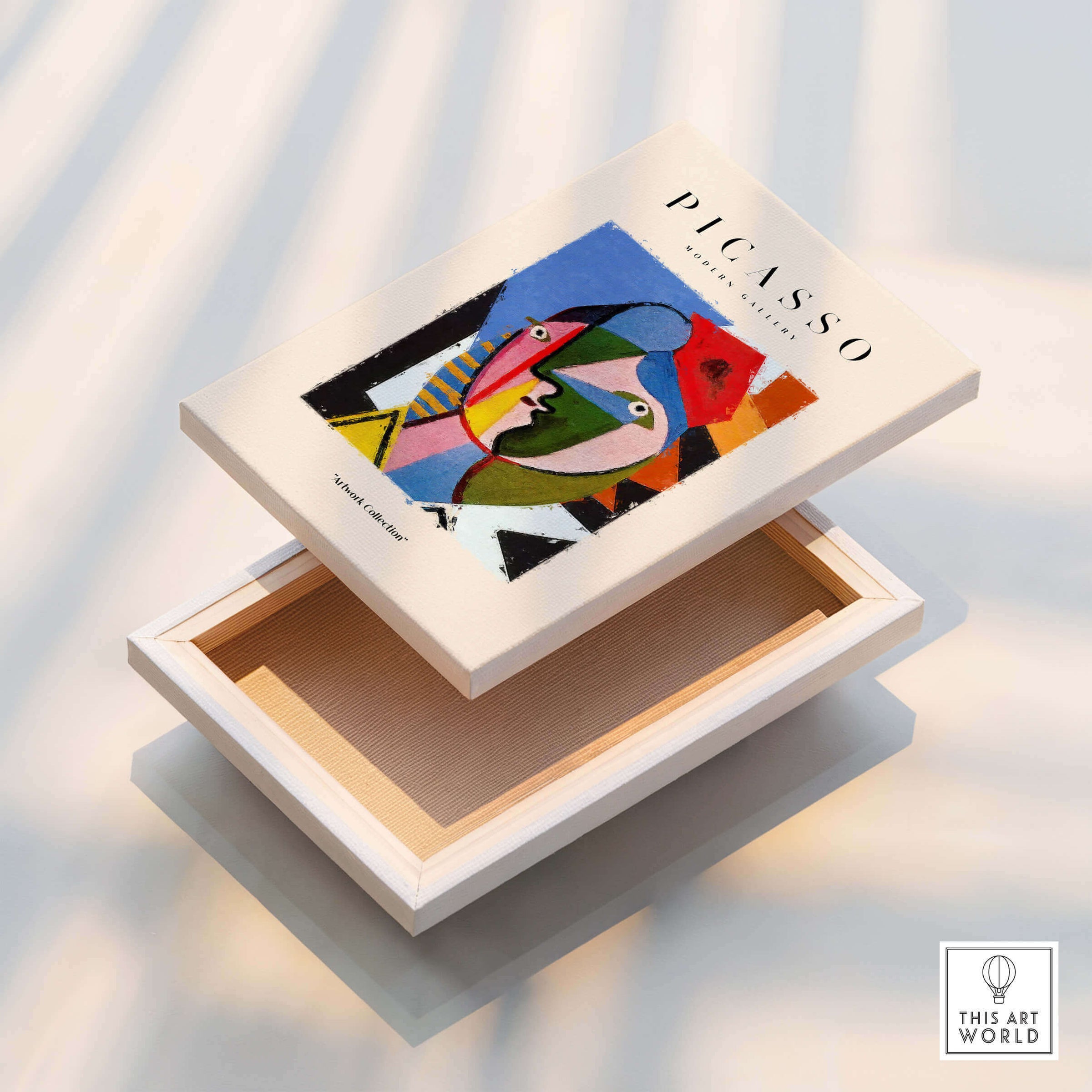 Picasso Geometric Face Abstract Art Print Colorful Cubist Portrait Poster Artwork Collection displayed on an art box.