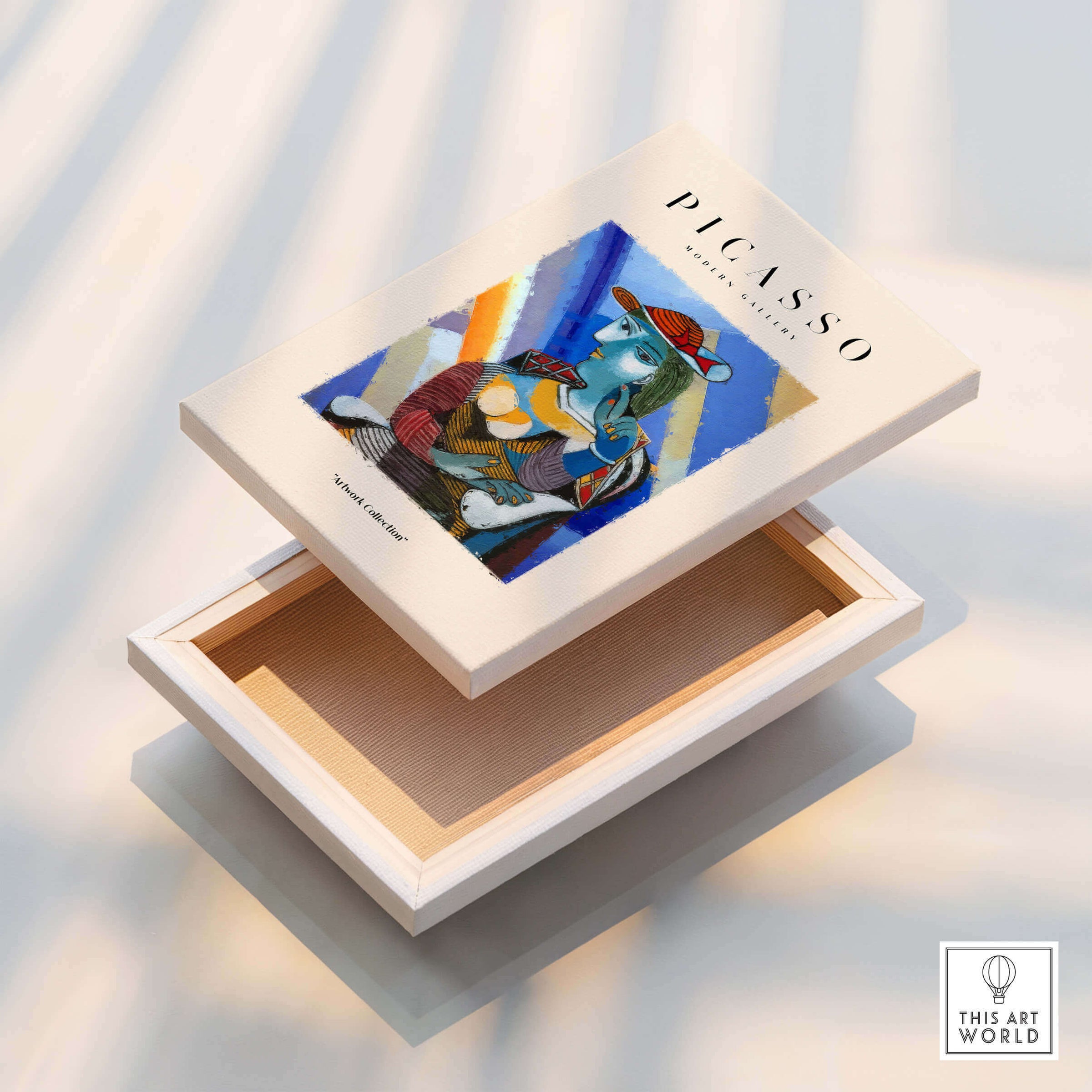 Picasso Woman Red Hat Blue Face Portrait Print Colorful Cubist Poster Artwork Collection box open with vibrant design