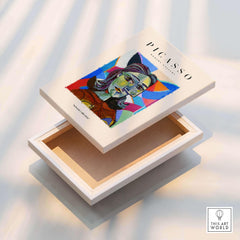 Picasso Woman Portrait Fragmented Abstract Poster Colorful Artwork Print Modern Gallery displayed on an art box