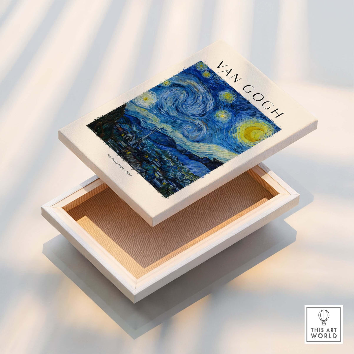 Starry Night Print:  Vincent van Gogh Poster displayed on a wooden box showcasing Van Gogh's iconic painting.