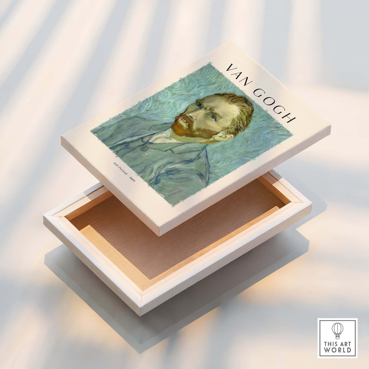 Vincent van Gogh Self Portrait 1889 Blue Post Impressionist Art Print Poster Wall Art displayed on a wooden box.