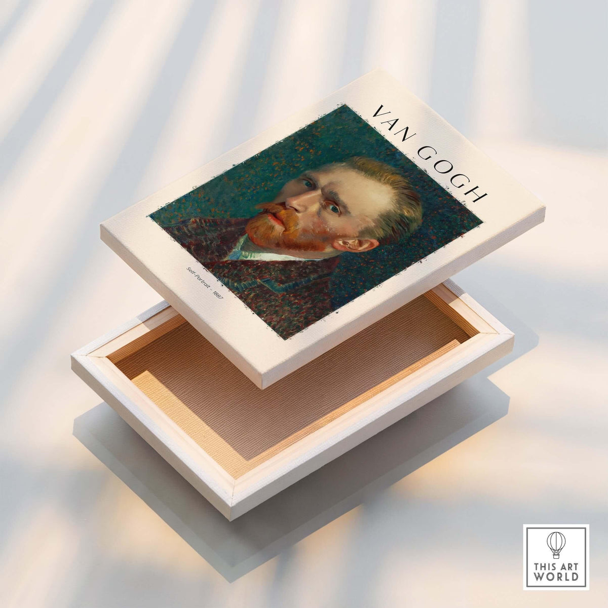 Vincent van Gogh Self Portrait 1887 Post Impressionist Artist Poster Print Wall Art on display with a box.