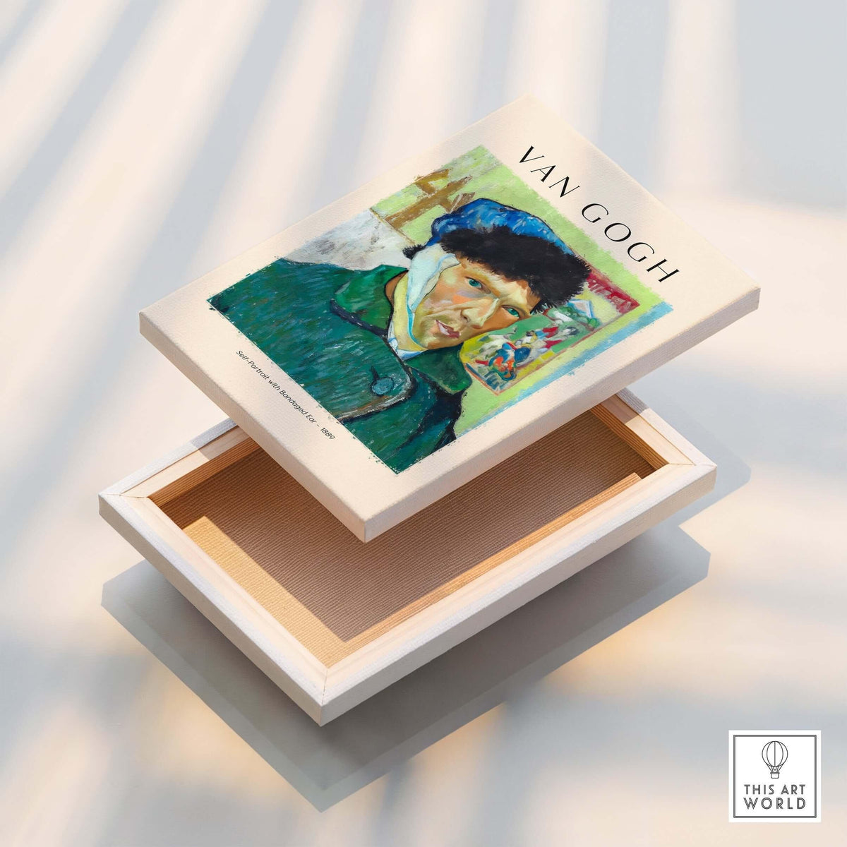 Vincent van Gogh Self Portrait Bandaged Ear 1889 Famous Art Print Poster Wall Decor displayed on decorative box.