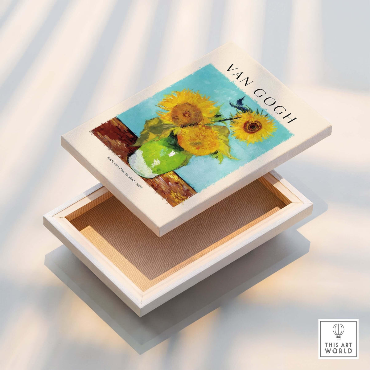 van Gogh Sunflowers Print - Sunflower Wall Art displayed on a decorative box, showcasing vibrant sunflower artwork.