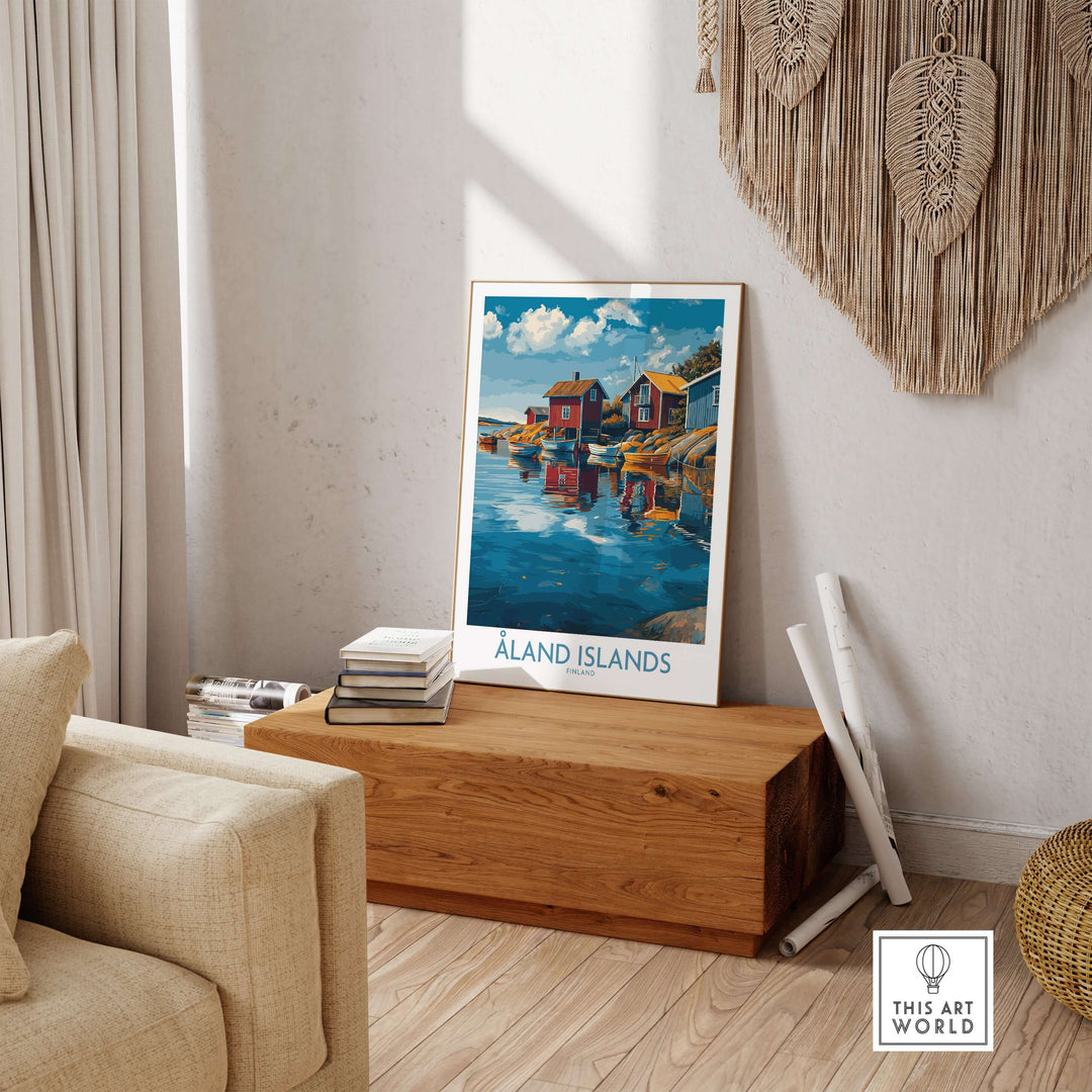 Åland Islands Finland Print | Nordic Coastal Village Poster showcased in a cozy living room setting.