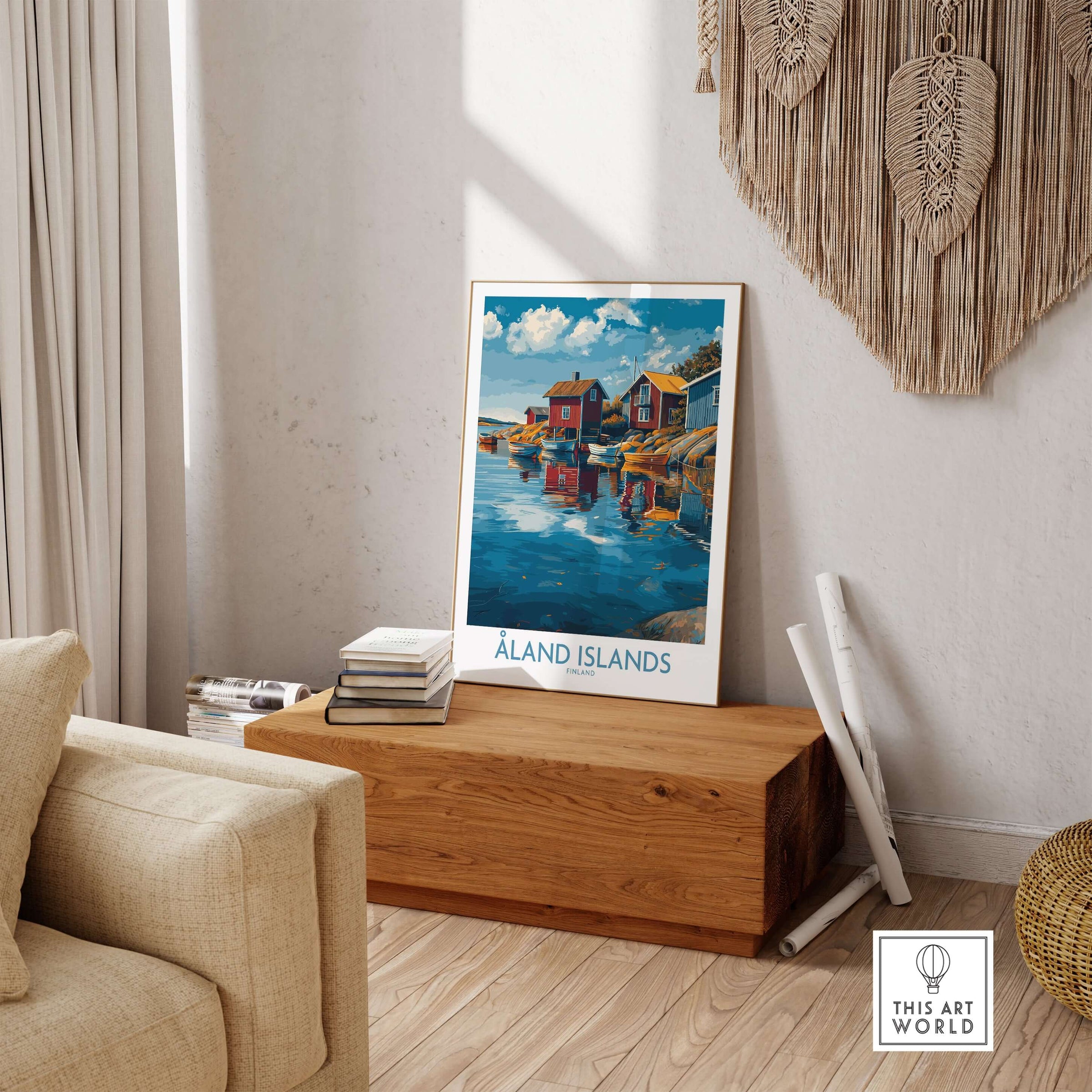 Åland Islands Finland Print | Nordic Coastal Village Poster showcased in a cozy living room setting.