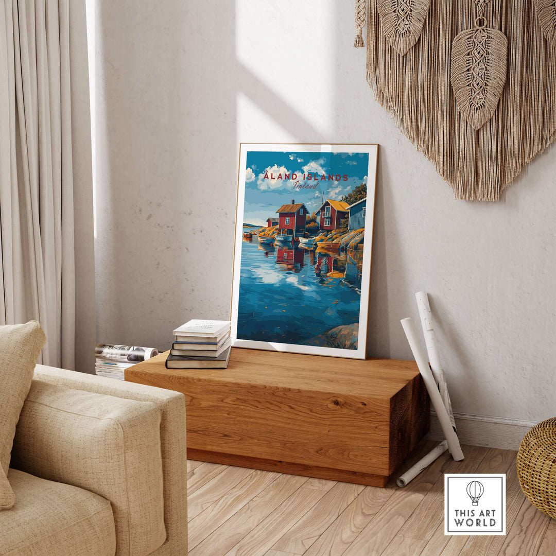 Åland Islands Poster | Scandinavian Sea Wall Decor displayed in a bright living room with wooden furniture.