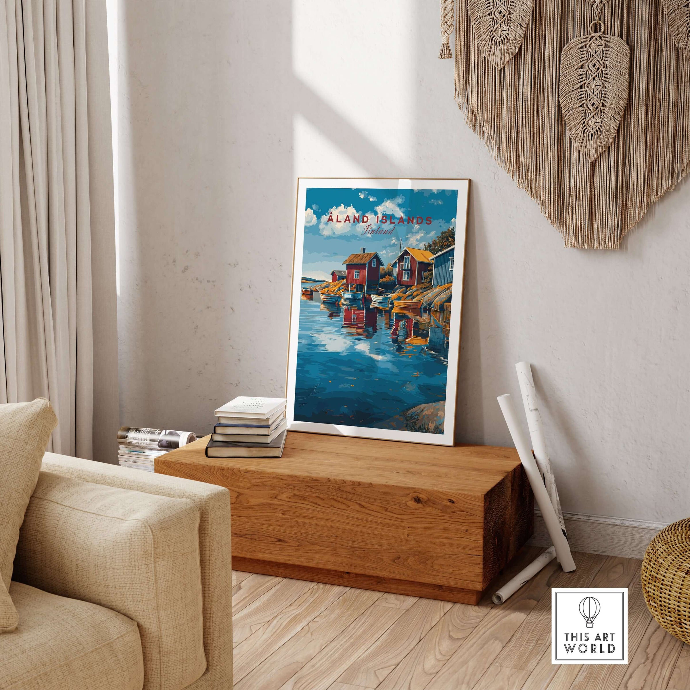 Åland Islands Poster | Scandinavian Sea Wall Decor displayed in a cozy living room with natural wood accents.