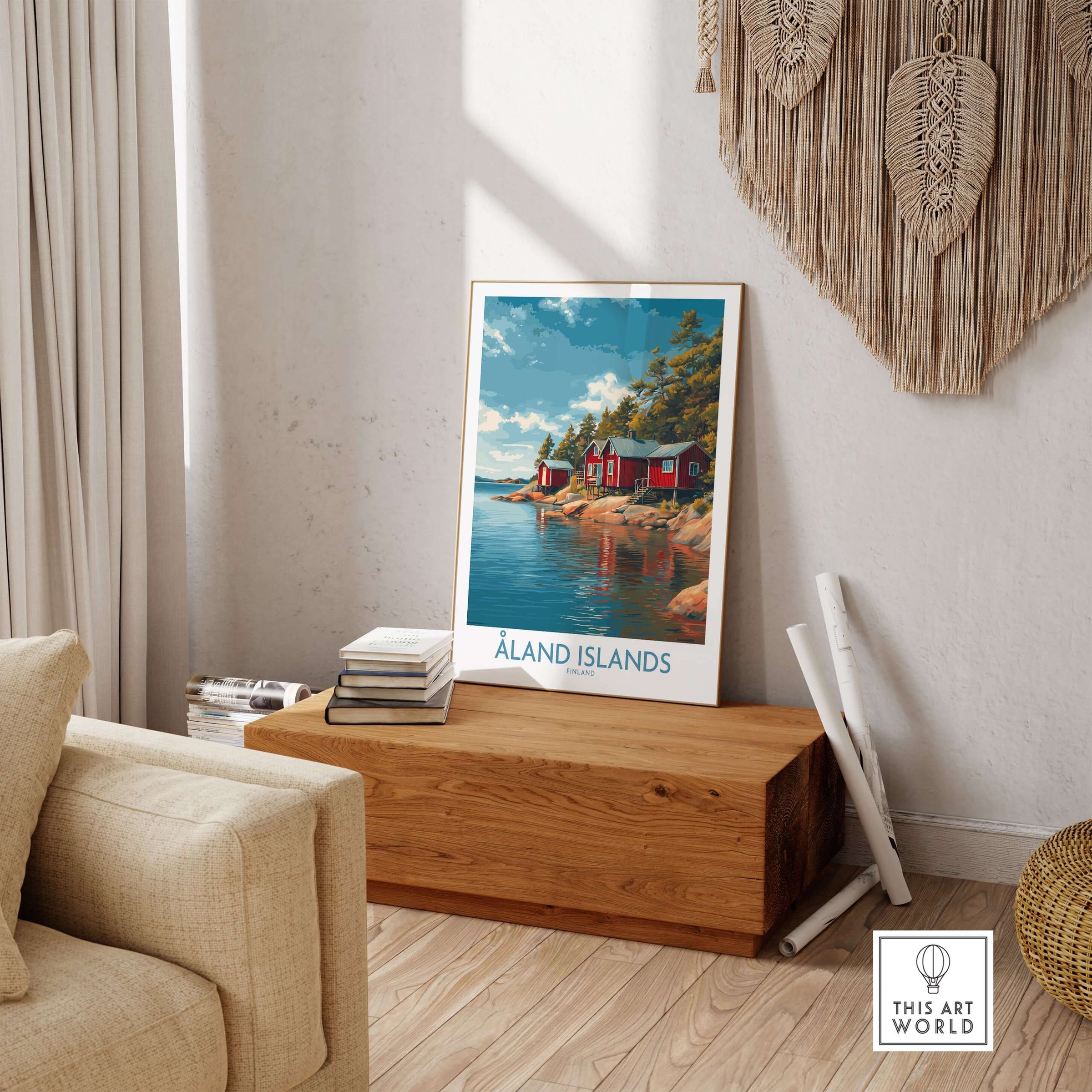 Åland Islands Lakeside Cabin Art Print | Finland Rustic Landscape Poster displayed in a cozy interior setting.