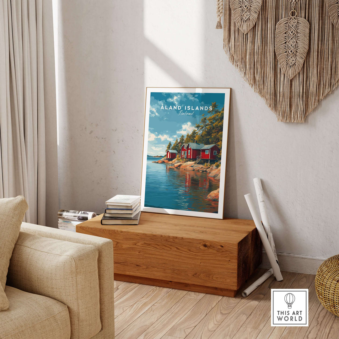 Åland Islands Picturesque Nordic Huts Print | Scandinavian Travel Wall Decor displayed in a cozy living room setting.