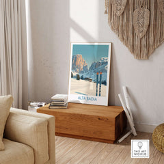 Alta Badia Italy ski wall art featuring the scenic Italian Alps in a stylish living room setting.