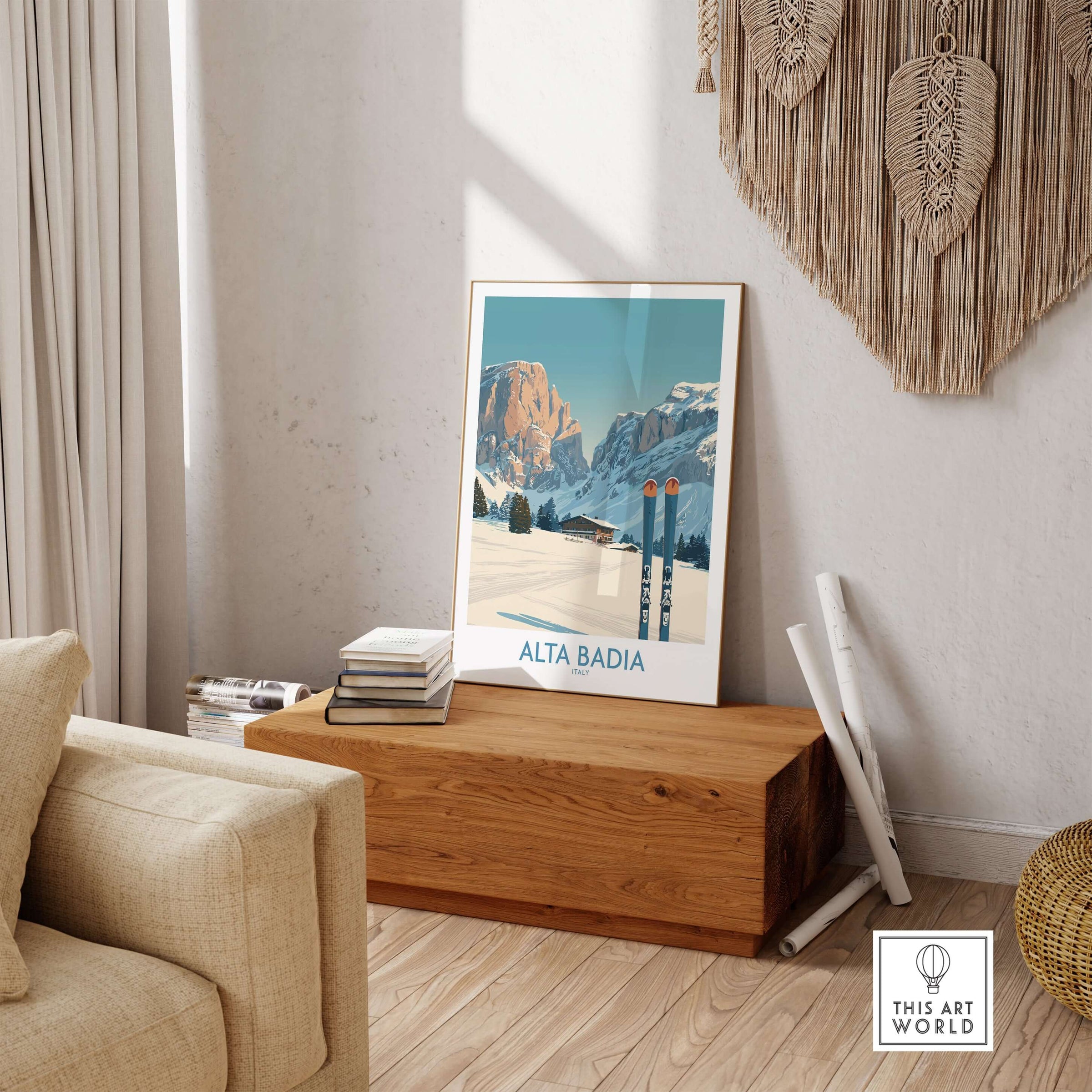 Alta Badia Italy ski wall art featuring the scenic Italian Alps in a stylish living room setting.