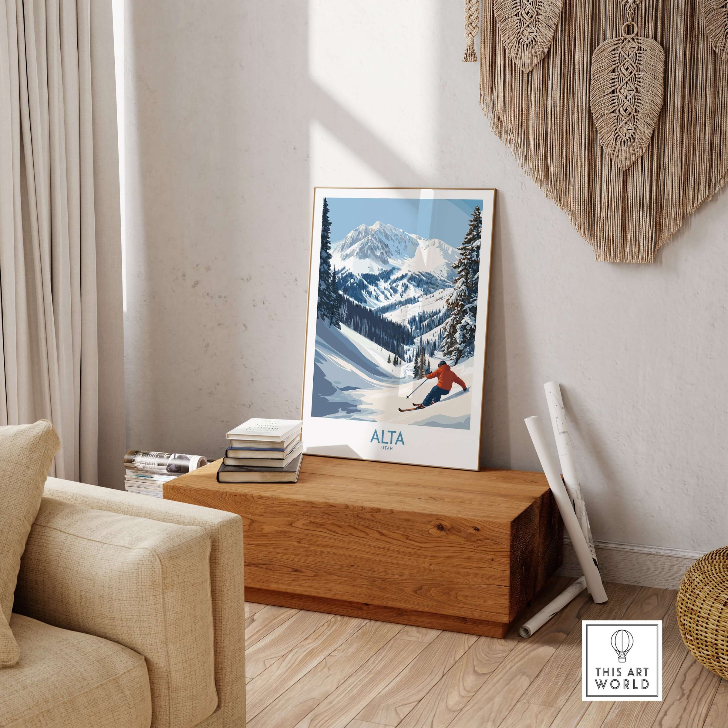 Alta Utah Skiing Adventure Print showcasing snowy mountains and a skier, perfect winter decor for ski enthusiasts.