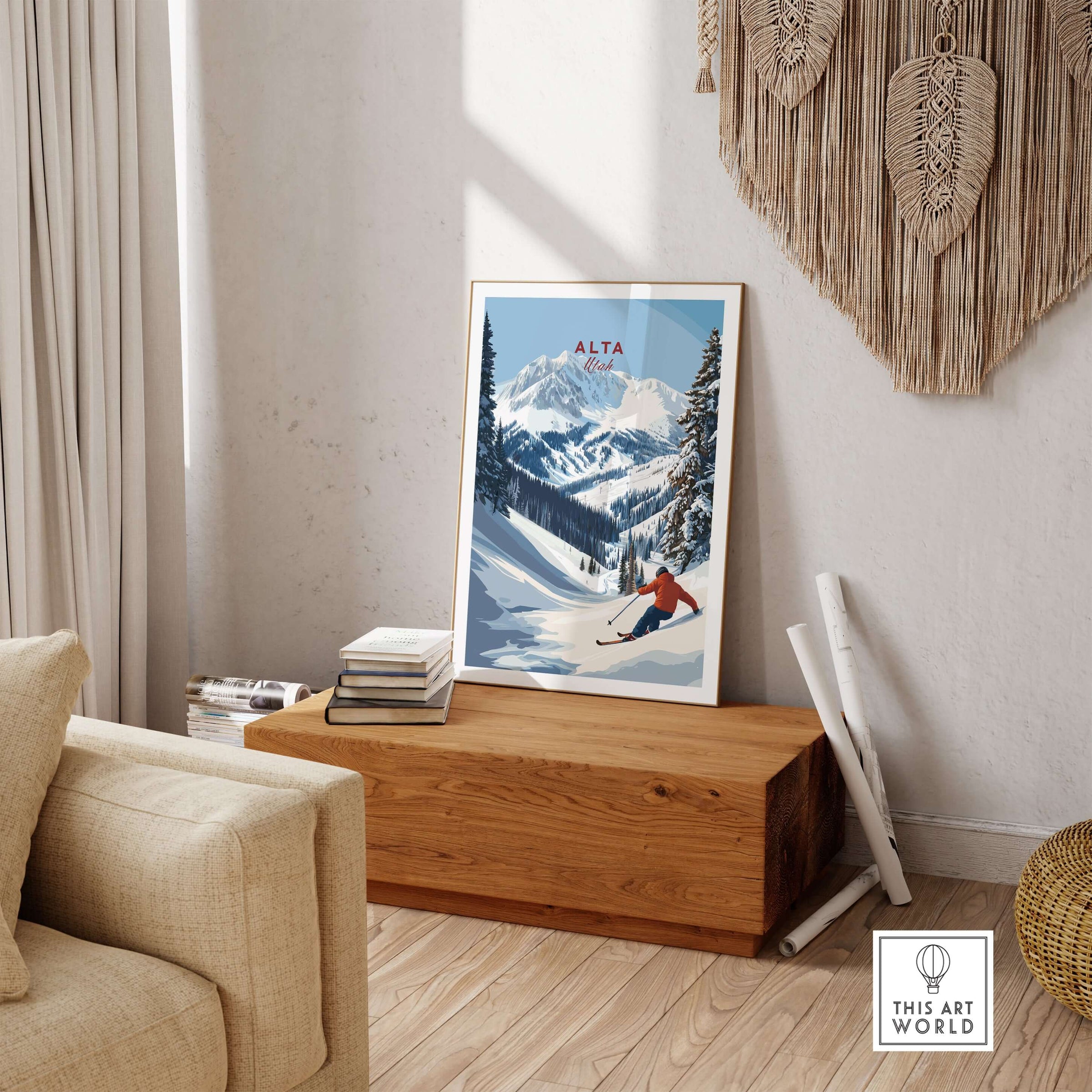 Alta Utah ski poster showcasing a skier in powder snow, perfect mountain wall art for winter sports enthusiasts.