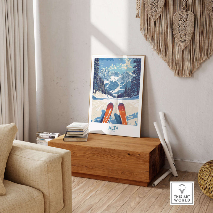 Alta Utah ski adventure poster featuring winter landscape and skis, perfect for travel decor.