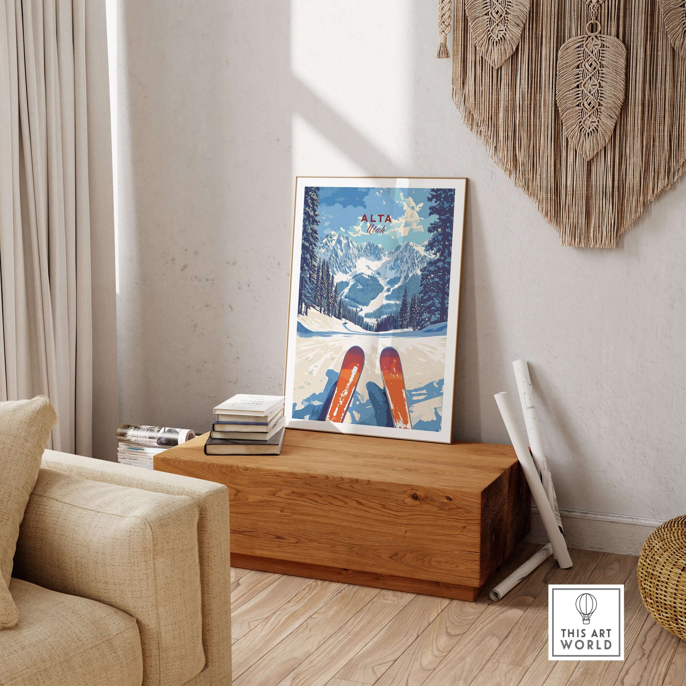 Alta Utah Ski View print displayed in a cozy living room, showcasing vibrant mountain art and skiing theme.