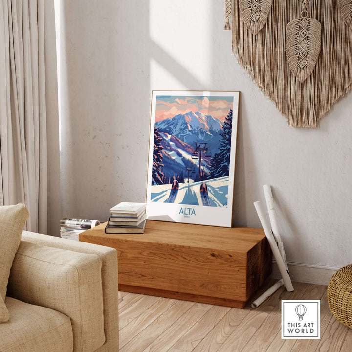 Alta Utah Ski Print showcasing winter sports decor with snowy mountains and skiers, perfect for alpine adventure enthusiasts.
