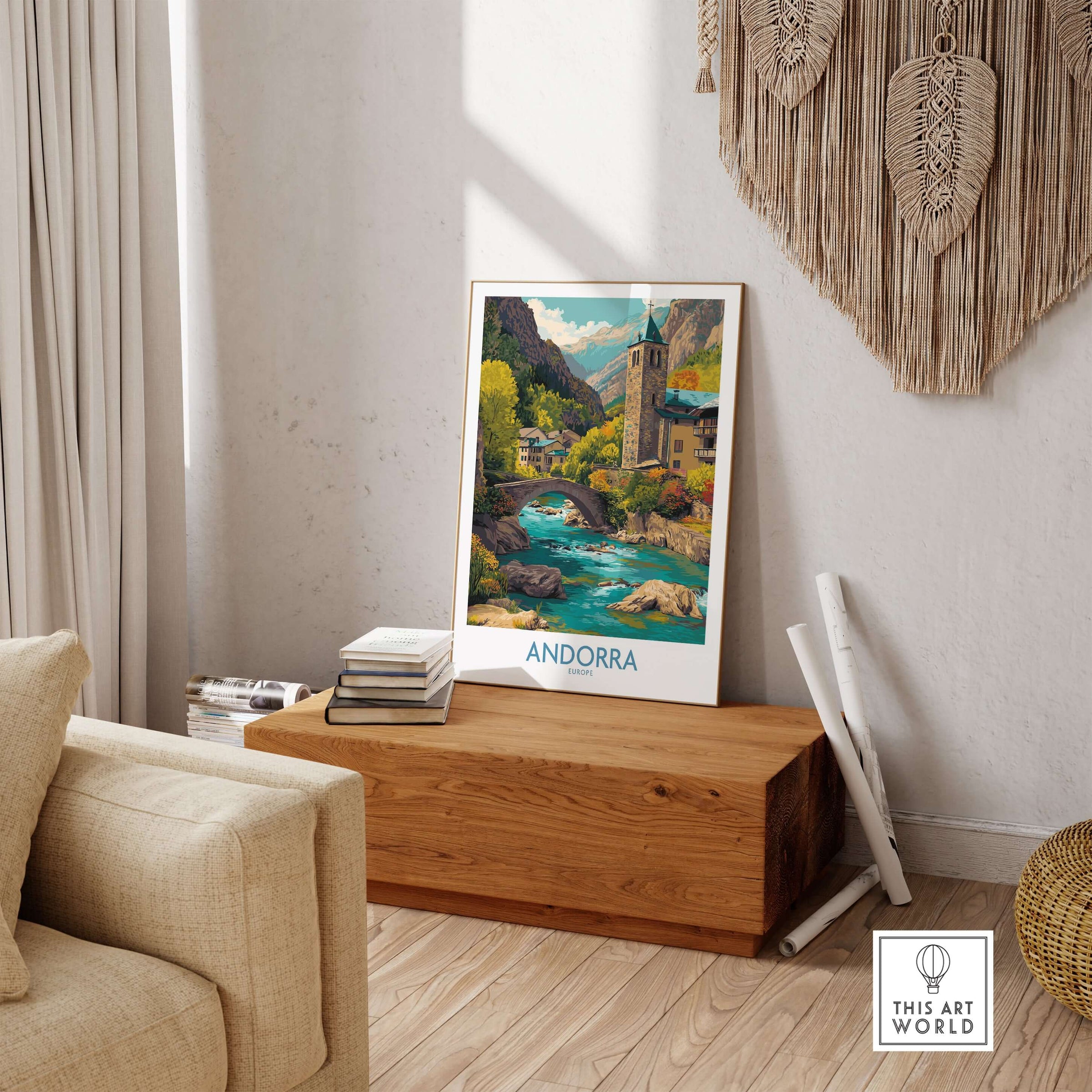 Andorra Art Print | Pyrenees Mountain Travel Poster displayed in a cozy living room setting on a wooden chest.