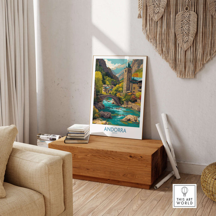 Andorra Art Print | Pyrenees Mountain Travel Poster displayed in a cozy living room setting with natural decor elements.