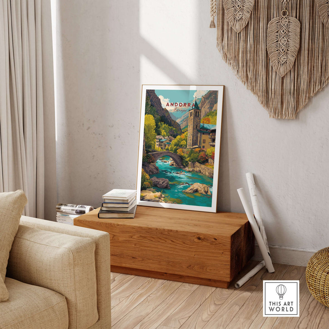 Andorra Valira River Valley Village Print | European Mountain Wall Decor displayed in a cozy living room setting.
